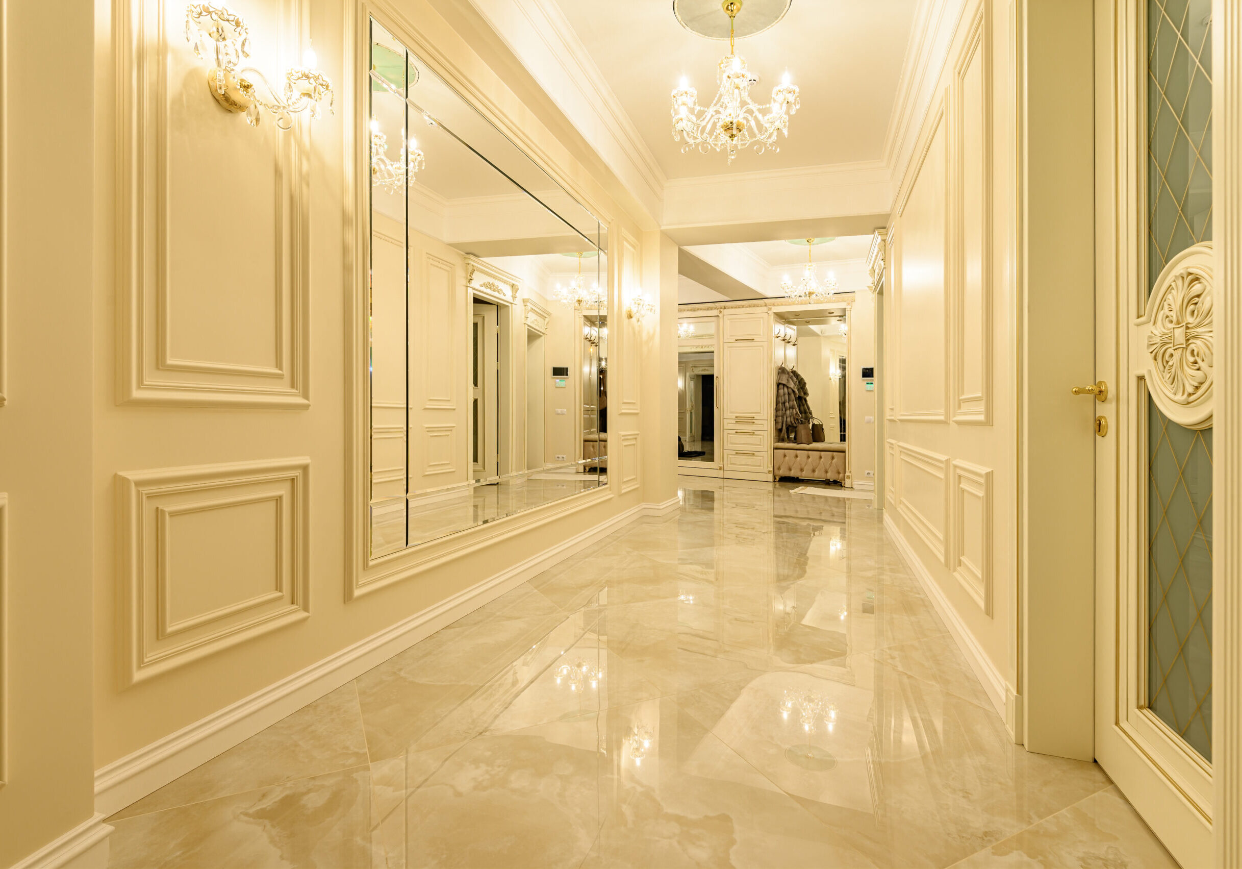 Interior of modern luxury beige and golden corridor and entrance hall